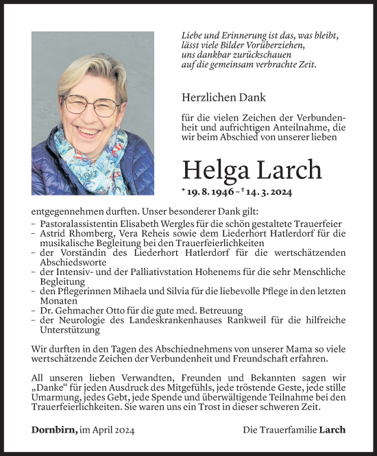 Todesanzeige von Helga Larch von Vorarlberger Nachrichten