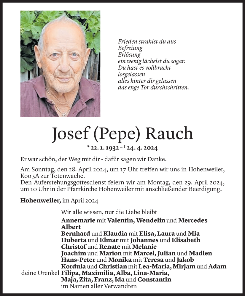  Todesanzeige für Josef Rauch vom 26.04.2024 aus Vorarlberger Nachrichten