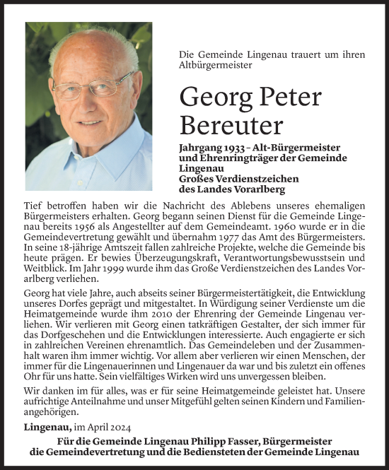 Todesanzeige von Georg Bereuter von Vorarlberger Nachrichten