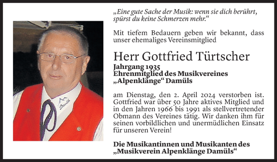 Todesanzeige von Gottfried Türtscher von Vorarlberger Nachrichten