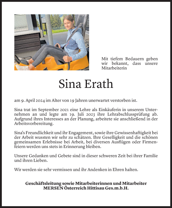 Todesanzeige von Sina Lilli Erath von Vorarlberger Nachrichten