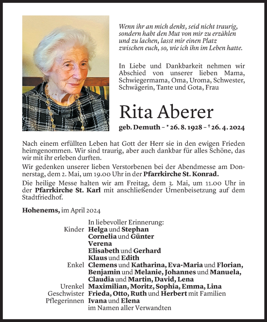 Todesanzeige von Rita Aberer von Vorarlberger Nachrichten