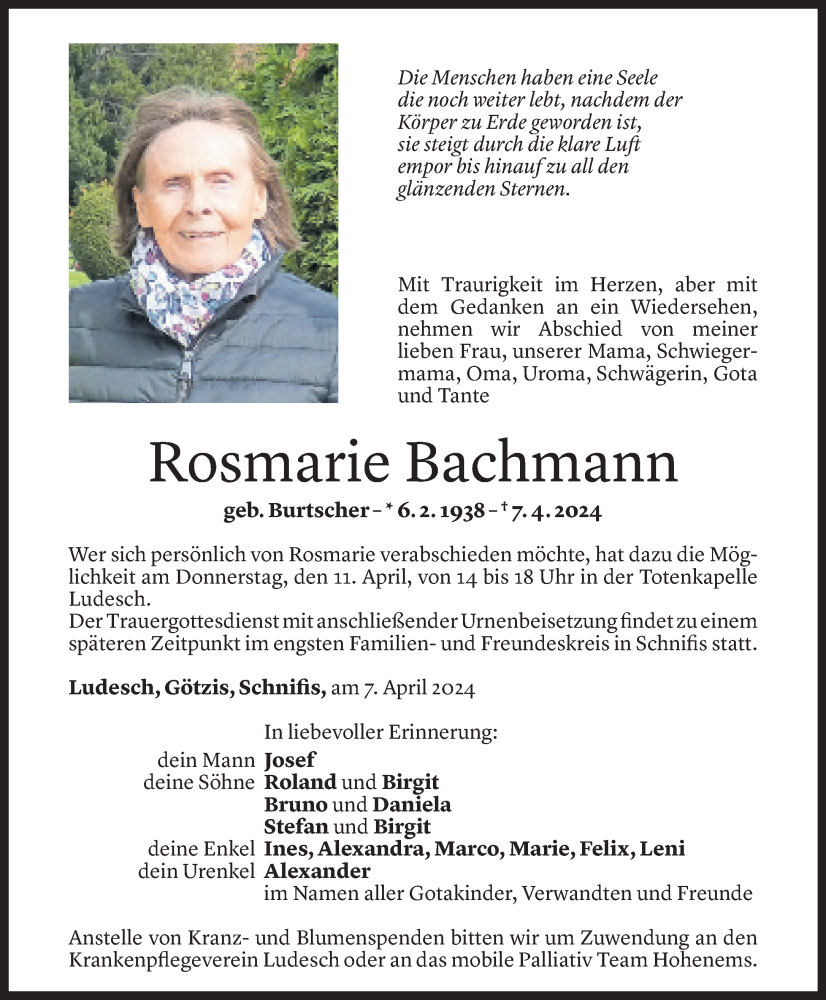  Todesanzeige für Rosmarie Bachmann vom 10.04.2024 aus Vorarlberger Nachrichten