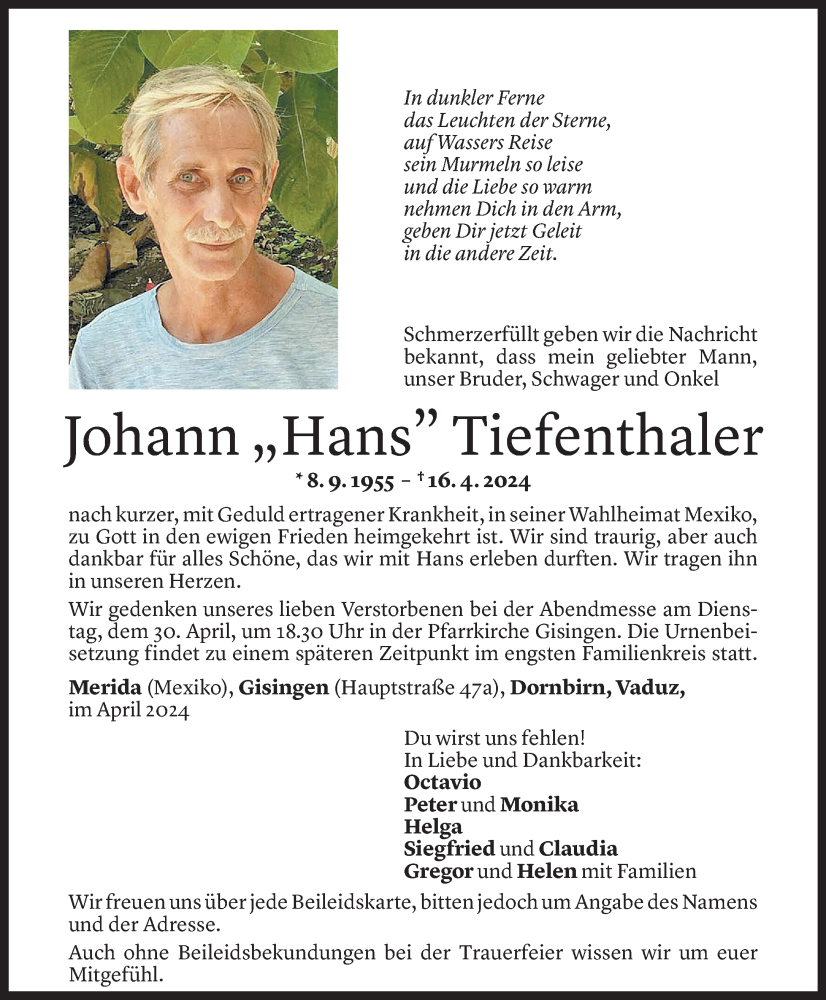  Todesanzeige für Johann Tiefenthaler vom 27.04.2024 aus Vorarlberger Nachrichten
