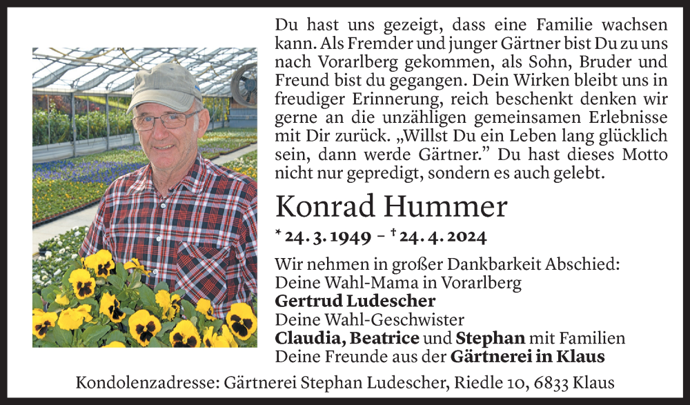  Todesanzeige für Konrad Hummer vom 01.05.2024 aus Vorarlberger Nachrichten