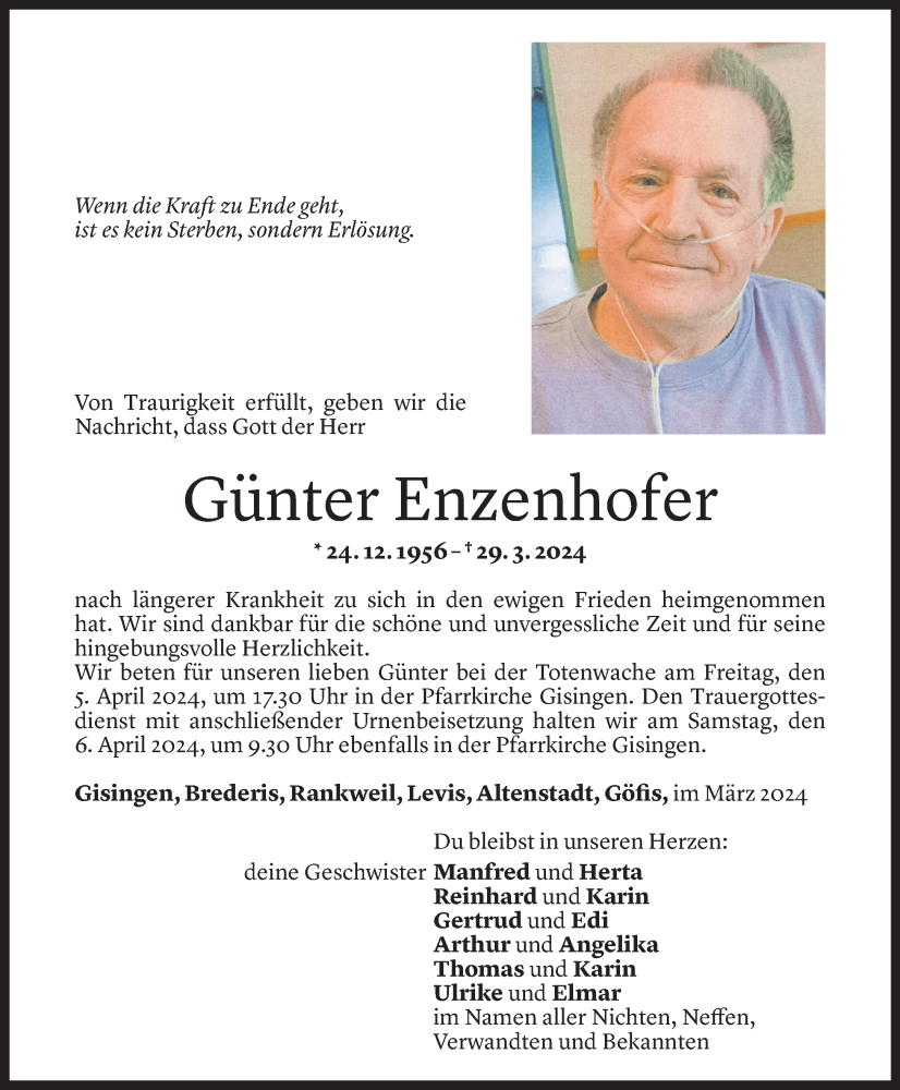  Todesanzeige für Günter Enzenhofer vom 03.04.2024 aus Vorarlberger Nachrichten