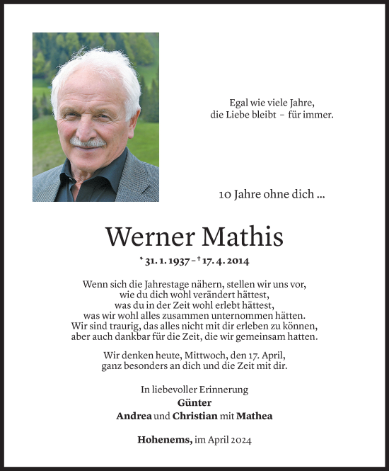 Todesanzeige von Werner Mathis von Vorarlberger Nachrichten
