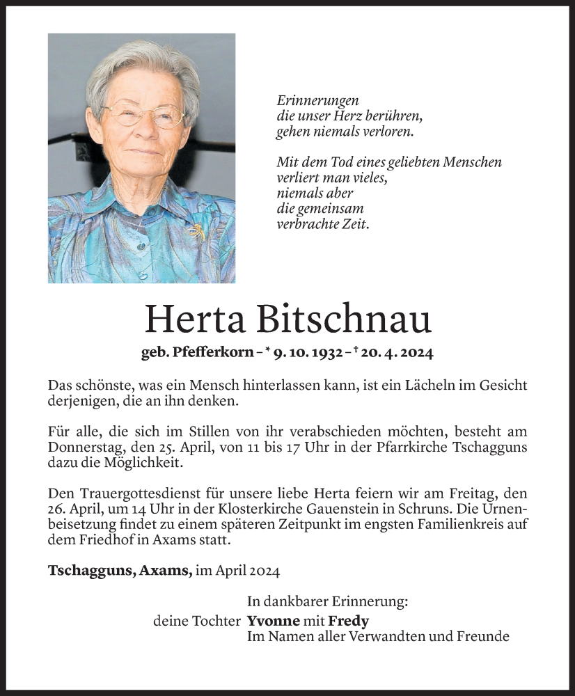  Todesanzeige für Herta Bitschnau vom 24.04.2024 aus Vorarlberger Nachrichten