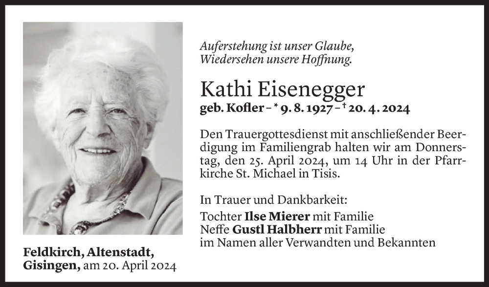  Todesanzeige für Katharina Eisenegger vom 23.04.2024 aus Vorarlberger Nachrichten