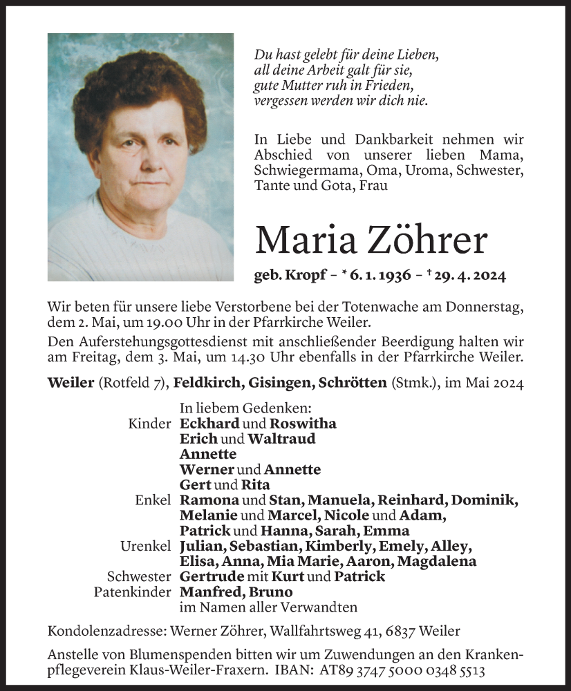  Todesanzeige für Maria Zöhrer vom 01.05.2024 aus Vorarlberger Nachrichten