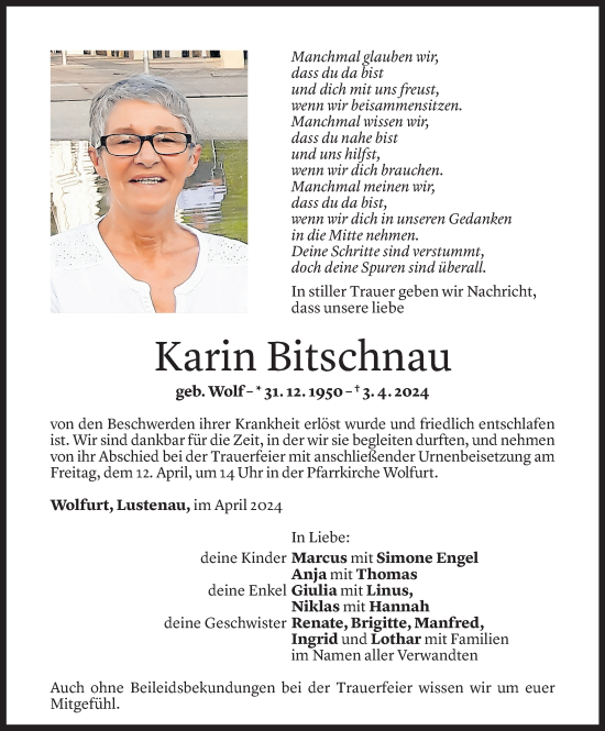 Todesanzeige von Karin Bitschnau von Vorarlberger Nachrichten