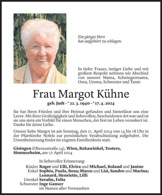 Todesanzeige von Margot Kühne von Vorarlberger Nachrichten