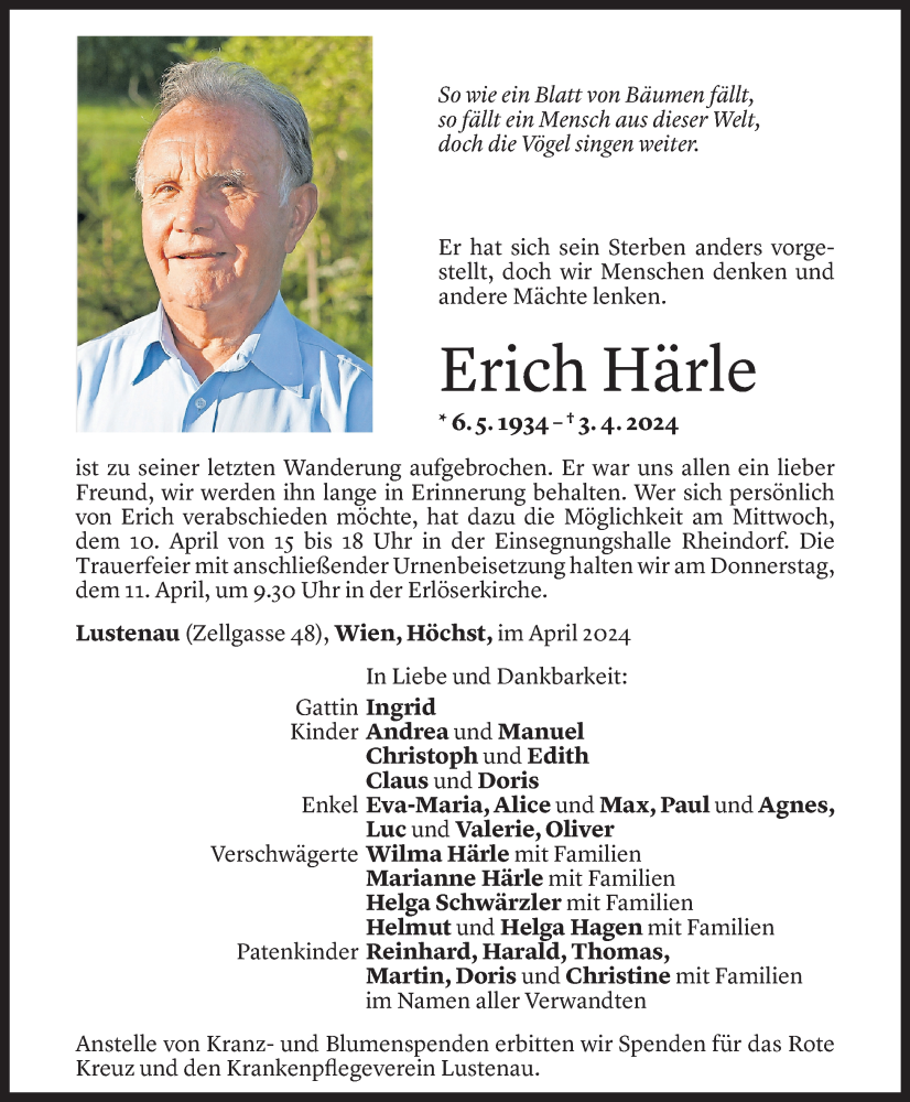  Todesanzeige für Erich Härle vom 07.04.2024 aus Vorarlberger Nachrichten