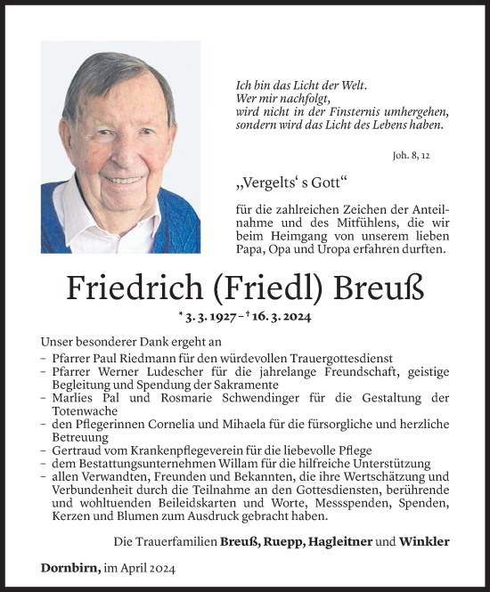 Todesanzeige von Friedrich Breuß von Vorarlberger Nachrichten
