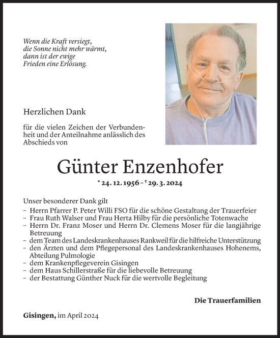 Todesanzeige von Günter Enzenhofer von Vorarlberger Nachrichten
