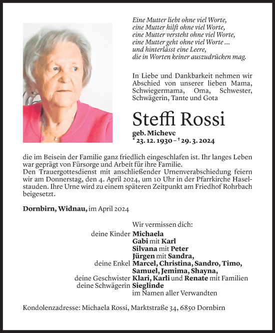 Todesanzeige von Steffi Rossi von Vorarlberger Nachrichten