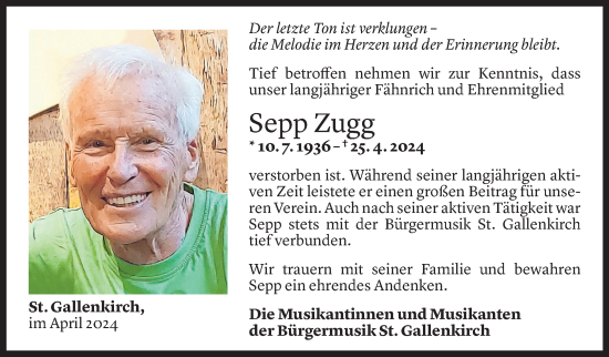 Todesanzeige von Josef Zugg von Vorarlberger Nachrichten