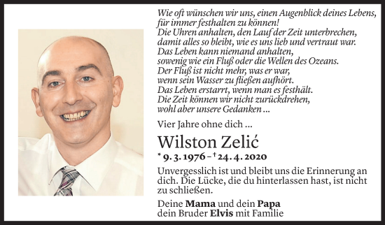 Todesanzeige von Wilston Zelic von Vorarlberger Nachrichten