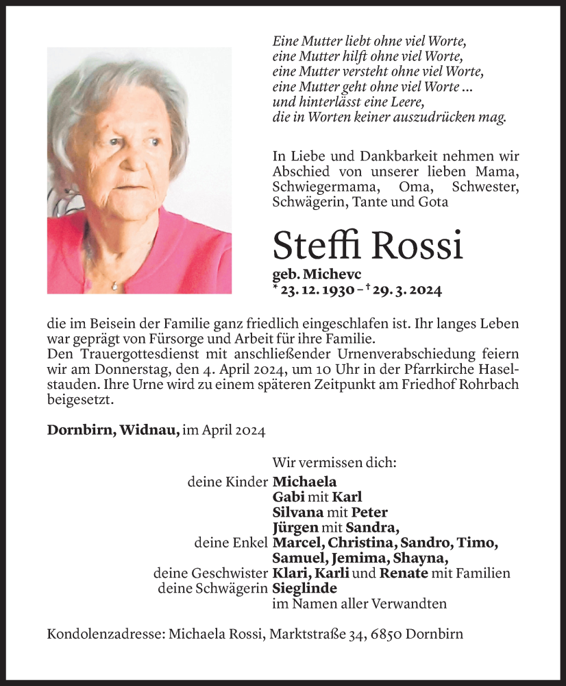  Todesanzeige für Steffi Rossi vom 03.04.2024 aus Vorarlberger Nachrichten