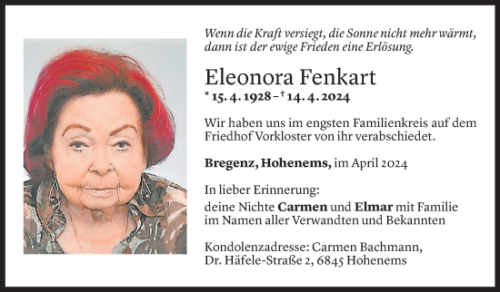 Todesanzeige von Eleonora Fenkart von Vorarlberger Nachrichten