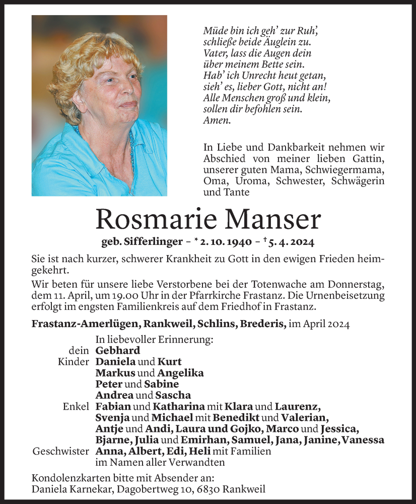  Todesanzeige für Rosmarie Manser vom 09.04.2024 aus Vorarlberger Nachrichten