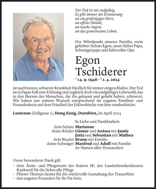 Todesanzeige von Egon Tschiderer von Vorarlberger Nachrichten