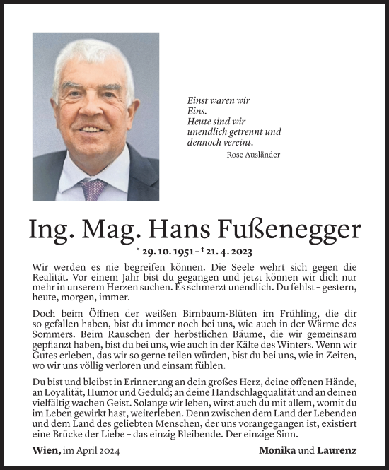 Todesanzeige von Hans Fußenegger von Vorarlberger Nachrichten