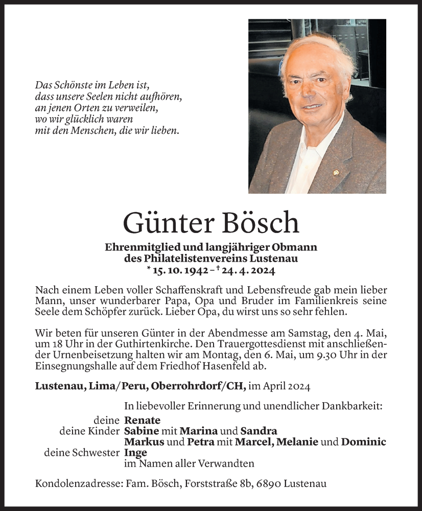  Todesanzeige für Günter Bösch vom 01.05.2024 aus Vorarlberger Nachrichten