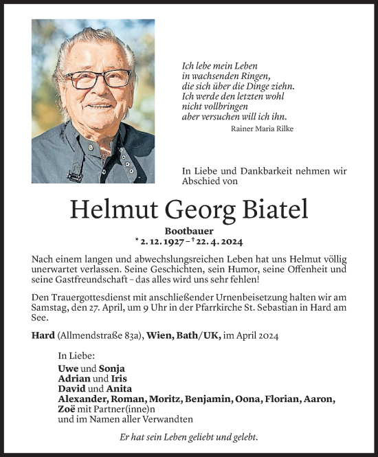 Todesanzeige von Helmut Biatel von Vorarlberger Nachrichten