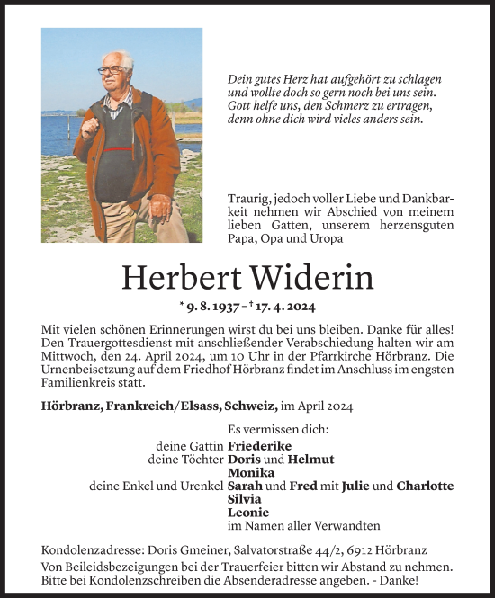 Todesanzeige von Herbert Widerin von Vorarlberger Nachrichten
