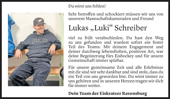 Todesanzeige von Lukas Schreiber von Vorarlberger Nachrichten