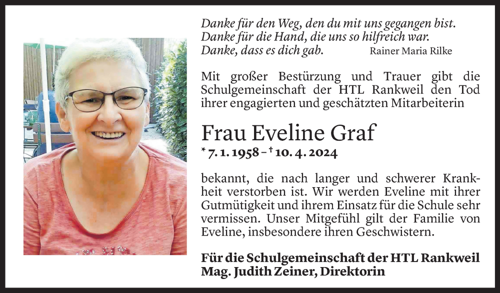  Todesanzeige für Eveline Graf vom 20.04.2024 aus Vorarlberger Nachrichten