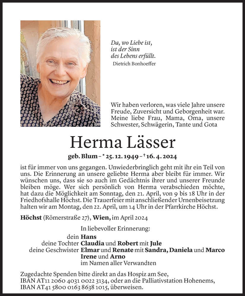  Todesanzeige für Herma Lässer vom 18.04.2024 aus Vorarlberger Nachrichten
