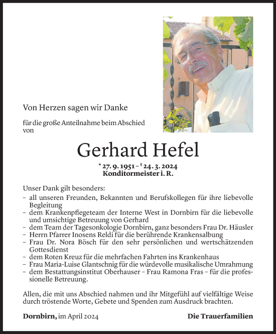 Todesanzeige von Gerhard Hefel von Vorarlberger Nachrichten