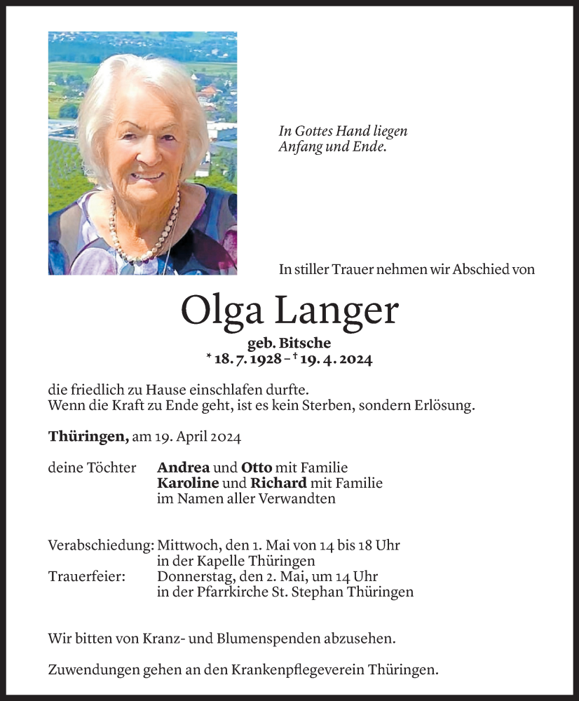  Todesanzeige für Olga Langer vom 27.04.2024 aus Vorarlberger Nachrichten
