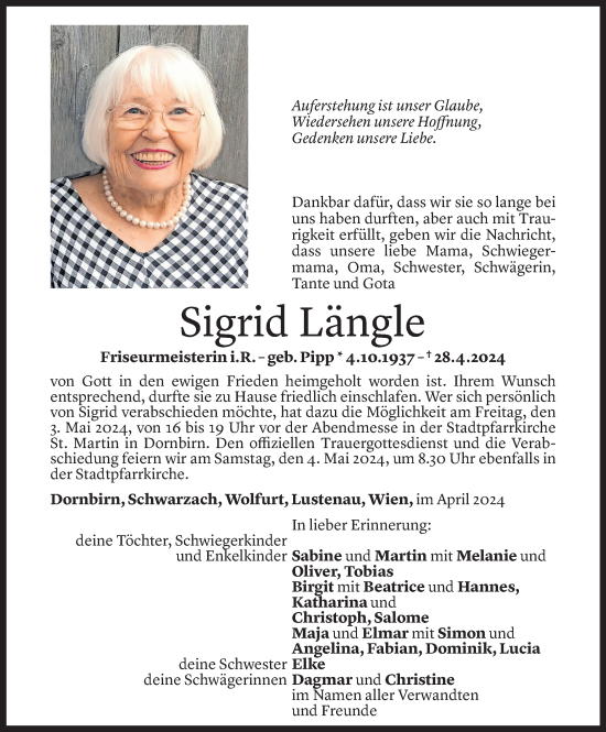 Todesanzeige von Sigrid Längle von Vorarlberger Nachrichten