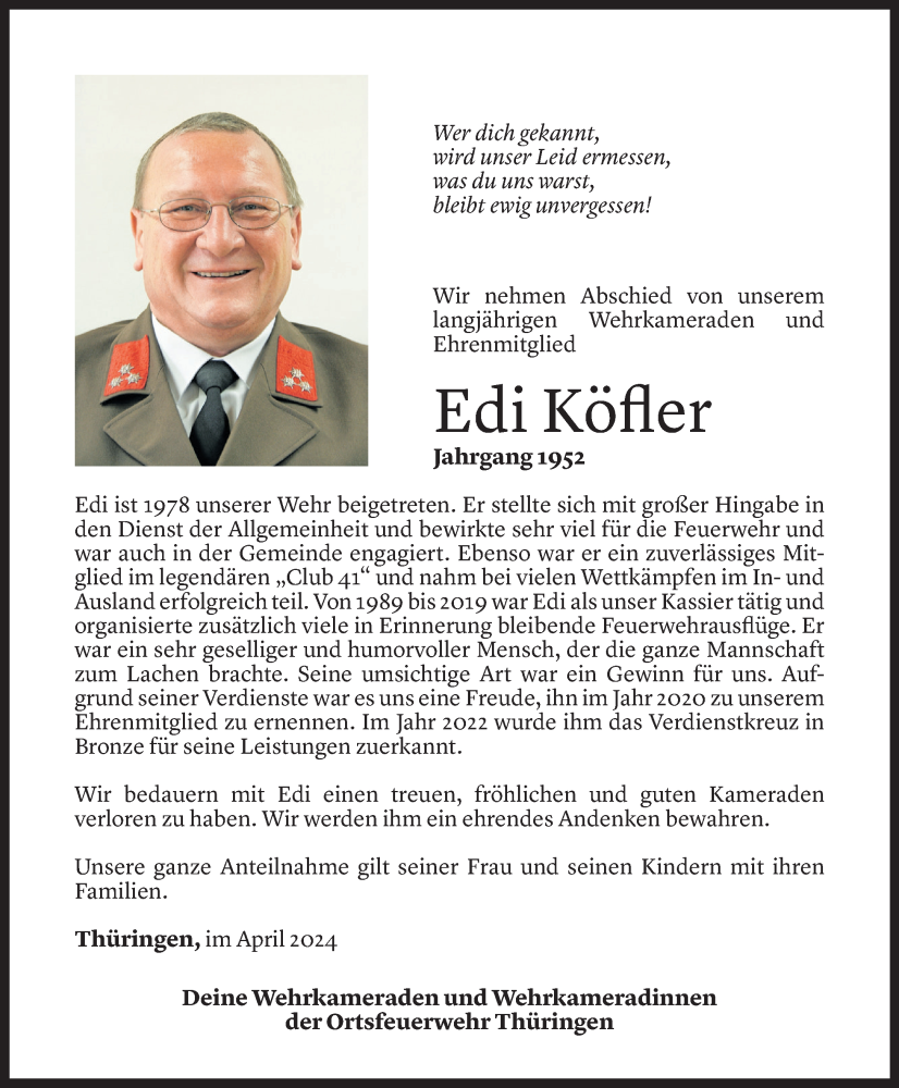  Todesanzeige für Eduard Köfler vom 20.04.2024 aus Vorarlberger Nachrichten