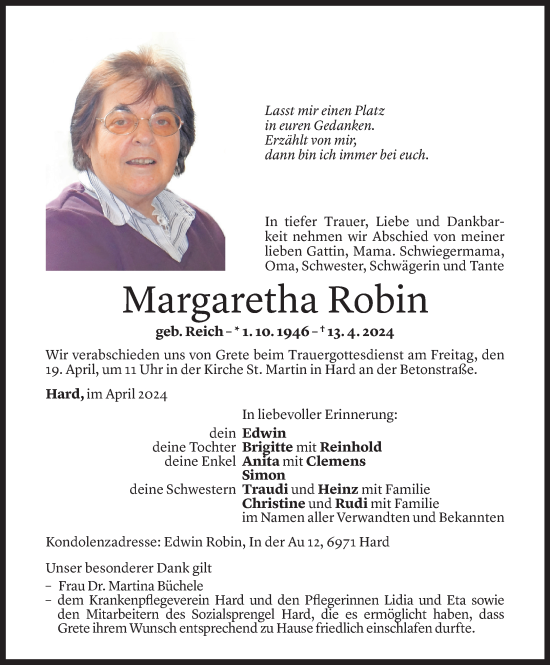 Todesanzeige von Margaretha Robin von Vorarlberger Nachrichten