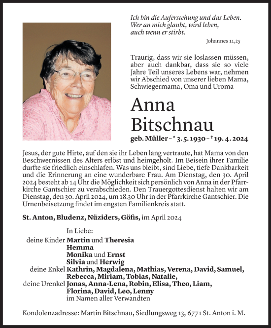 Todesanzeige von Anna Bitschnau von Vorarlberger Nachrichten