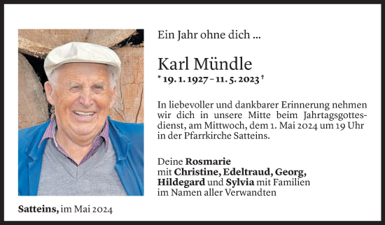 Todesanzeige von Karl Mündle von Vorarlberger Nachrichten