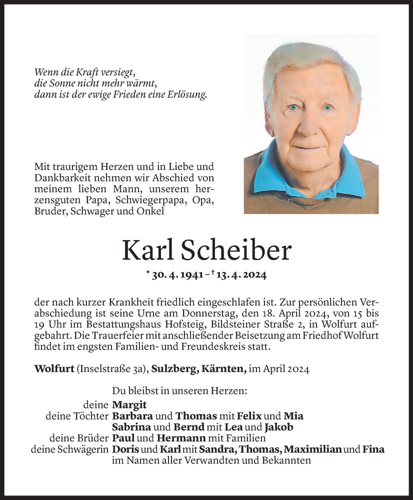  Todesanzeige für Karl Scheiber vom 17.04.2024 aus Vorarlberger Nachrichten