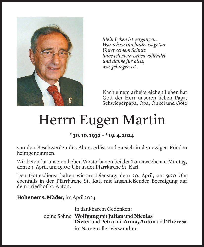  Todesanzeige für Eugen Martin vom 27.04.2024 aus Vorarlberger Nachrichten