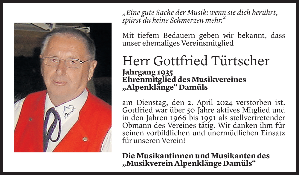  Todesanzeige für Gottfried Türtscher vom 03.04.2024 aus Vorarlberger Nachrichten