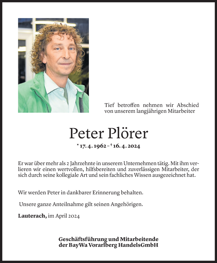  Todesanzeige für Peter Plörer vom 24.04.2024 aus Vorarlberger Nachrichten