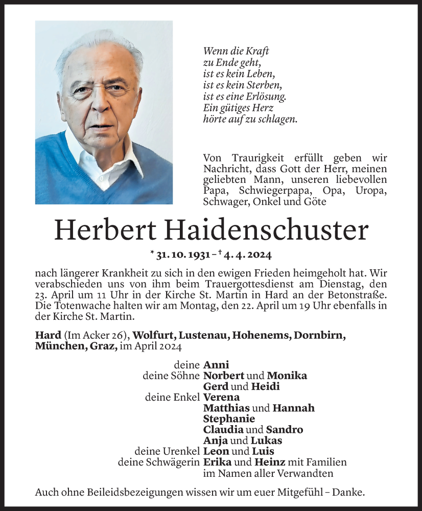  Todesanzeige für Herbert Haidenschuster vom 17.04.2024 aus Vorarlberger Nachrichten