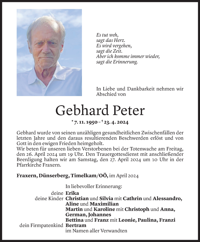  Todesanzeige für Peter Gebhard vom 25.04.2024 aus Vorarlberger Nachrichten