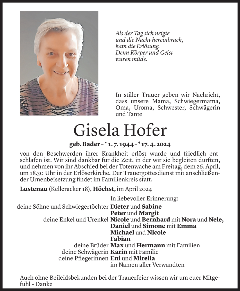  Todesanzeige für Gisela Hofer vom 21.04.2024 aus Vorarlberger Nachrichten