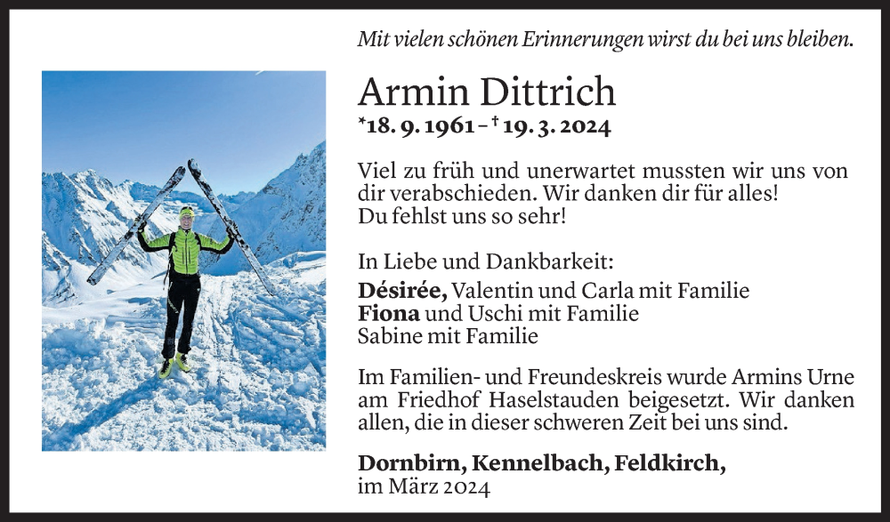  Todesanzeige für Armin Dittrich vom 02.04.2024 aus Vorarlberger Nachrichten