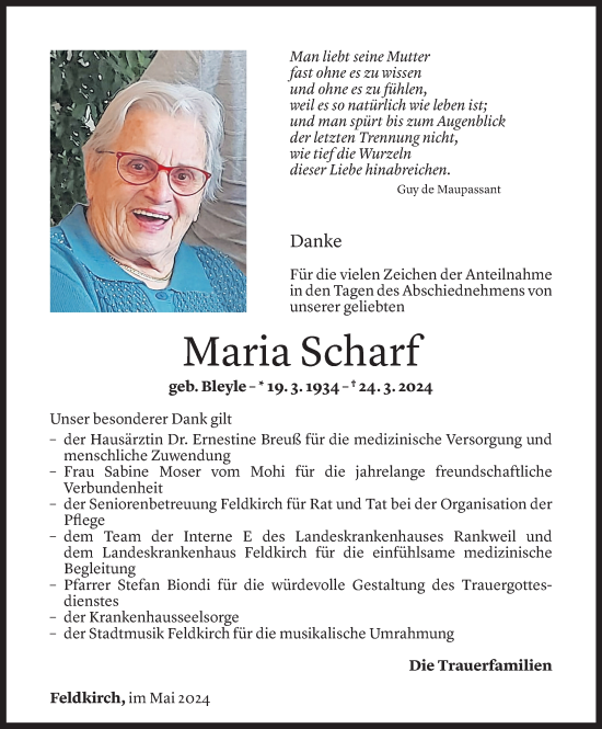 Todesanzeige von Maria Scharf von Vorarlberger Nachrichten