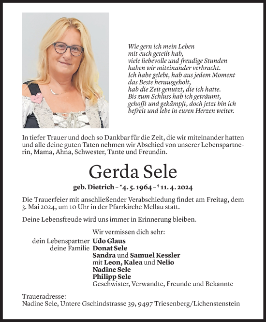 Todesanzeige von Gerda Sele von Vorarlberger Nachrichten